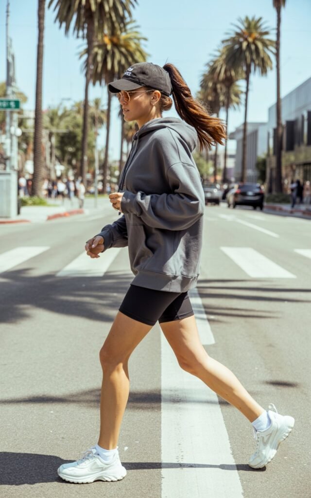 Sporty brunette model with high ponytail walks through a palm-lined LA street. She wears an oversized gray hoodie, black biker shorts, and chunky white sneakers, accessorized with a baseball cap and tiny sunglasses. Bright midday sun, natural shadows; candid walking pose with relaxed confidence.