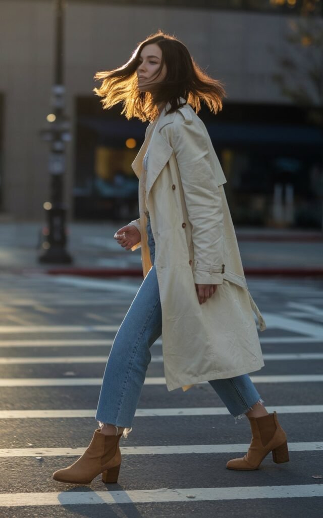 Street-style photo of a white-skinned brunette wearing tan ankle boots, cropped jeans, and a cream trench. City crosswalk background, soft golden-hour glow. She’s mid-step with hair moving naturally, gaze off-camera, exuding everyday elegance.