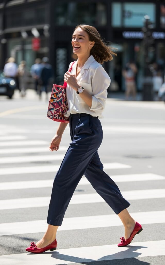 Street-style shot on a city crosswalk. The model wears cropped navy trousers, a white button-up blouse, and bold red flats with a bow detail. Accessories slim watch and a colorful tote. Lighting bright daylight with crisp contrast. Pose candid walking moment, laughing naturally.