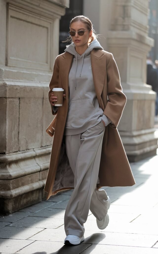 Streetwear-meets-chic look on a city sidewalk. The model wears a camel tailored coat over a light gray hoodie and matching trousers. White sneakers complete the outfit. She walks with coffee in hand, hair pulled back casually, expression relaxed and natural. Bright morning light enhances the effortless “off-duty” style.