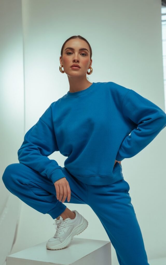 Studio backdrop with clean minimalism. Model stands confidently wearing a cobalt blue sweat set and chunky sneakers. Hoop earrings and sleek bun. Soft, even lighting highlights the color and fabric texture.