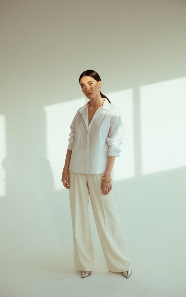 Studio photo with clean white backdrop and diffused daylight. The model wears an all-white outfit — a structured blouse, wide trousers, and white heels — accessorized with gold jewelry. Her hair is glossy and tied back in a sleek ponytail. The minimalist setting emphasizes the crisp, refined look.