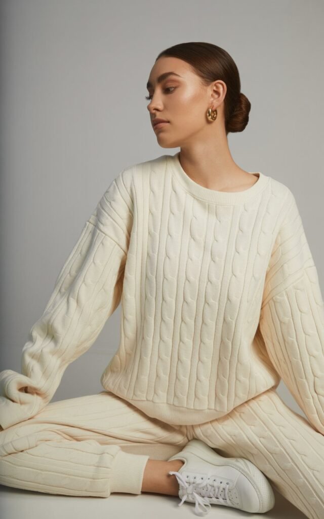Studio photo with soft gray background. The model wears an off-white monochrome sweatshirt and jogger set, paired with minimal white sneakers. Her hair is pulled into a sleek low bun. Lighting is soft and even, giving the shot a cozy yet polished vibe.