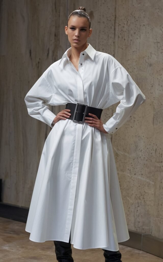 Studio photo with textured backdrop. Model wears an oversized white shirt dress cinched at the waist with a wide black belt, paired with heeled boots. Her hair is slicked back into a low bun. She stands tall, hands on hips, expression poised and powerful.
