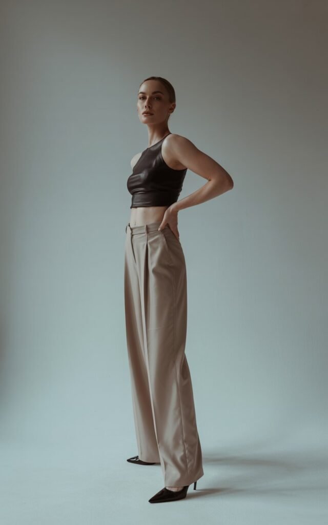 Studio portrait of a tall, fit woman in a minimalist setting. She wears a black cropped top with beige high-waisted wide-leg trousers and black heels. Soft diffused lighting enhances her sharp features. She’s standing with one hand on her hip, exuding modern sophistication.