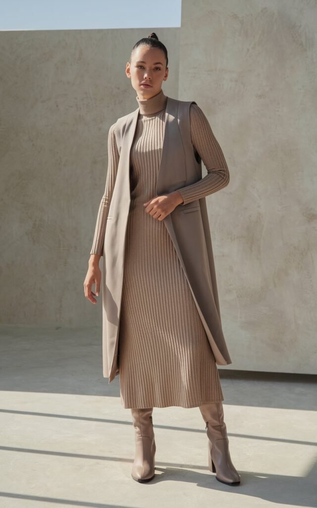 Studio setting with a minimalist neutral background. The model stands tall, wearing a fitted beige ribbed knit dress layered with a longline vest in taupe. Nude boots and a sleek bun complete the look. She gazes directly at the camera with soft confidence. The lighting is clean and natural, highlighting textures.
