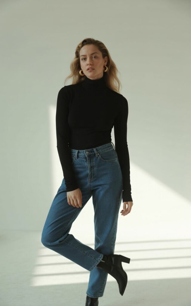 Studio setting with soft daylight. The model stands casually, one leg slightly bent, wearing a black fitted turtleneck tucked into classic blue high-waisted jeans with ankle boots. Simple gold hoops and natural waves. Neutral background to emphasize outfit structure. Expression poised and relaxed.
