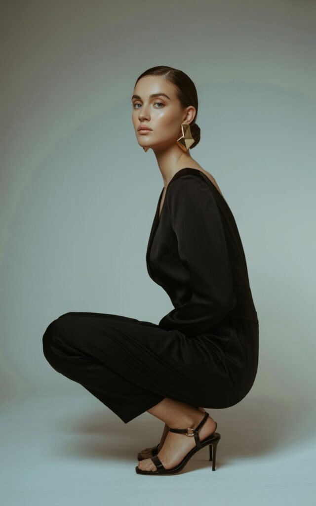 Studio setup with a soft gray backdrop. The model stands confidently, wearing a sleek black minimalist jumpsuit with bold gold earrings. She pairs it with strappy heels and a low bun. Lighting is soft and dramatic, focusing on her posture and accessories. The vibe is refined, clean, and editorial.