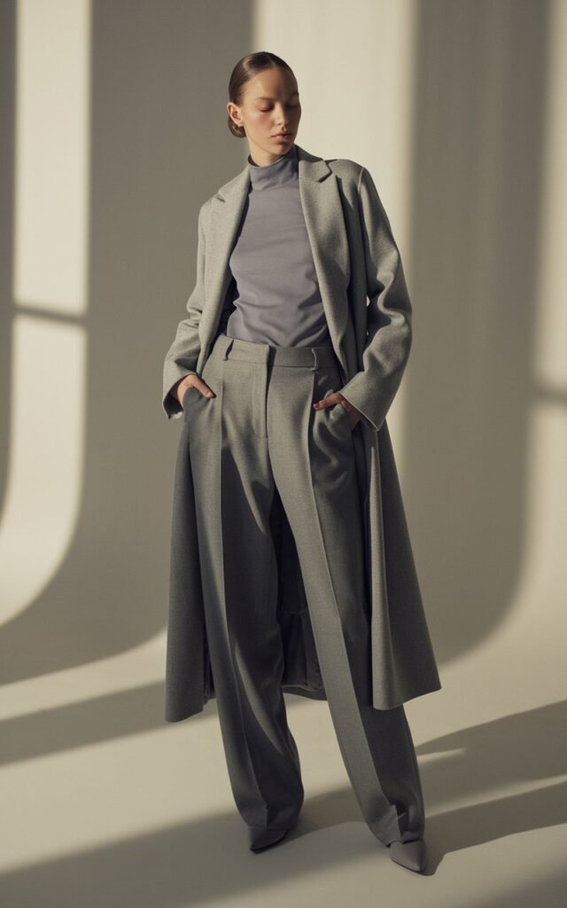 Studio setup with soft shadows. Model wears layered shades of gray — long coat, turtleneck, tailored trousers, and pointed boots. Sleek low bun hairstyle, minimal silver jewelry. Pose standing tall, hands in pockets, serene and elegant expression.