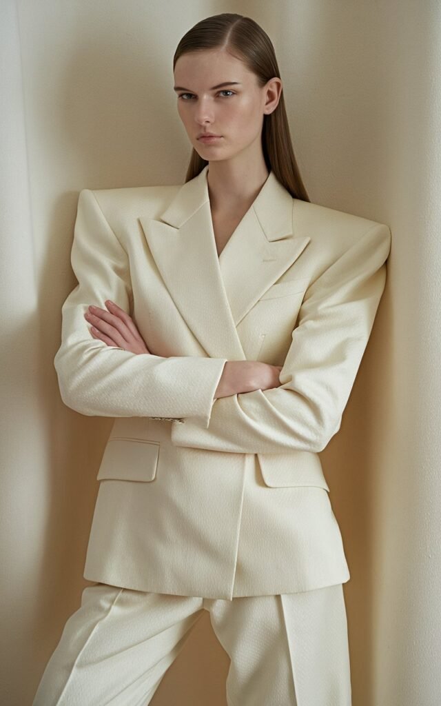 Studio shot of a tall white-skinned female model with straight brown hair slicked back. She’s in a cream monochrome tailored suit, structured shoulders, and pointed heels. Soft studio lighting highlights the fabric texture. She stands with crossed arms and a calm, powerful gaze — pure confidence and poise.