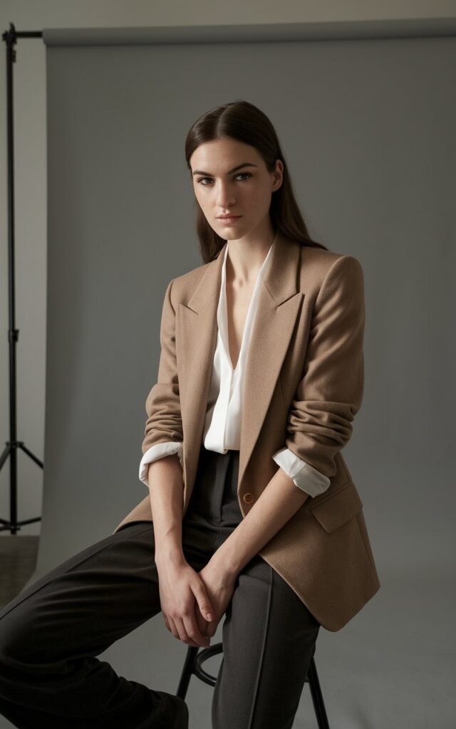 Studio shot of a white-skinned brunette woman with sharp cheekbones wearing a camel wool blazer, white blouse, and tailored black trousers. Minimalist gray backdrop, soft diffused indoor light. She’s seated on a stool, legs crossed, gaze confident and direct. The look feels polished yet approachable.