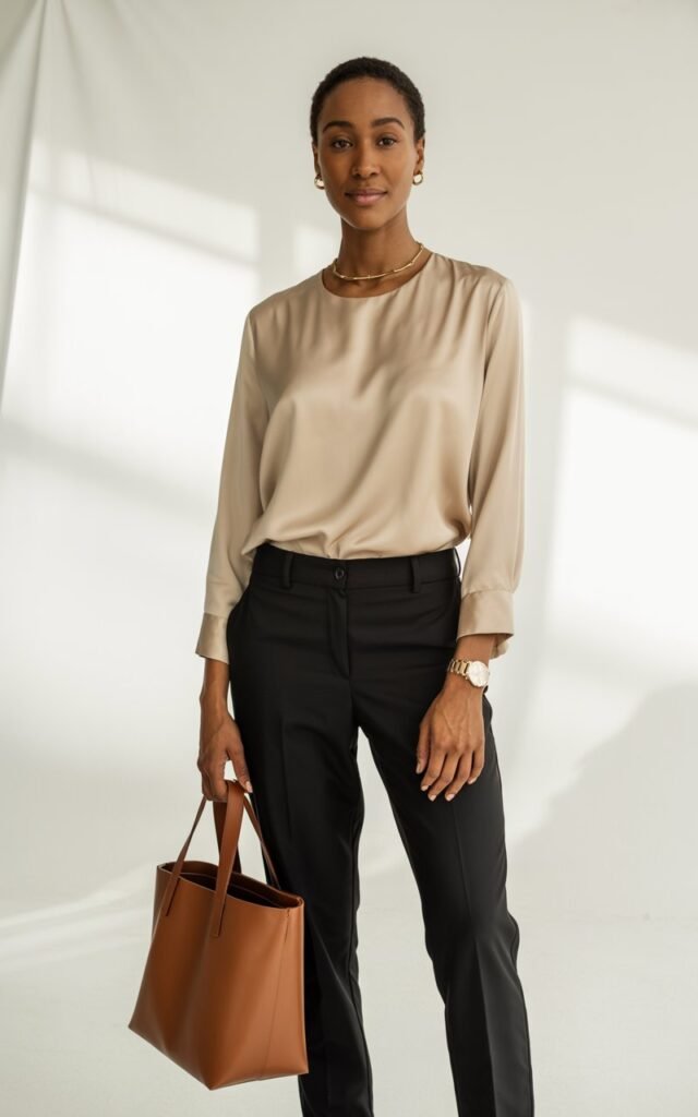 Studio shot with neutral background and soft, even lighting. The model wears a minimalist beige blouse and tailored black pants. Accessories delicate gold chain, stud earrings, watch, and structured leather tote. Pose standing naturally with a subtle smile, exuding calm confidence.