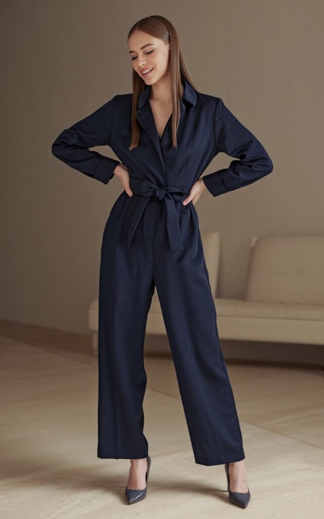 Studio shot with soft indoor lighting. White-skinned woman with sleek straight hair wears a navy belted jumpsuit and pointed heels. Pose hands on hips, confident smile. The background is minimalist beige — highlighting the outfit’s clean silhouette.
