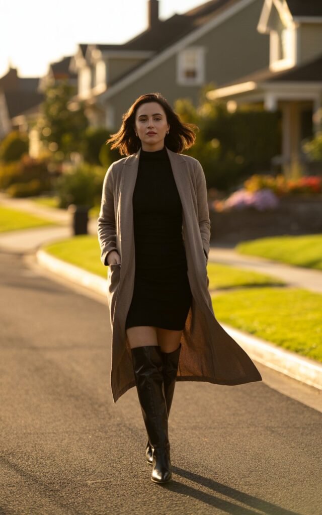 Suburban street scene at golden hour. The model wears a taupe longline cardigan over a fitted turtleneck dress and knee-high boots. Her hair flows gently in the breeze. She’s walking casually, hands in pockets, glowing in soft light.