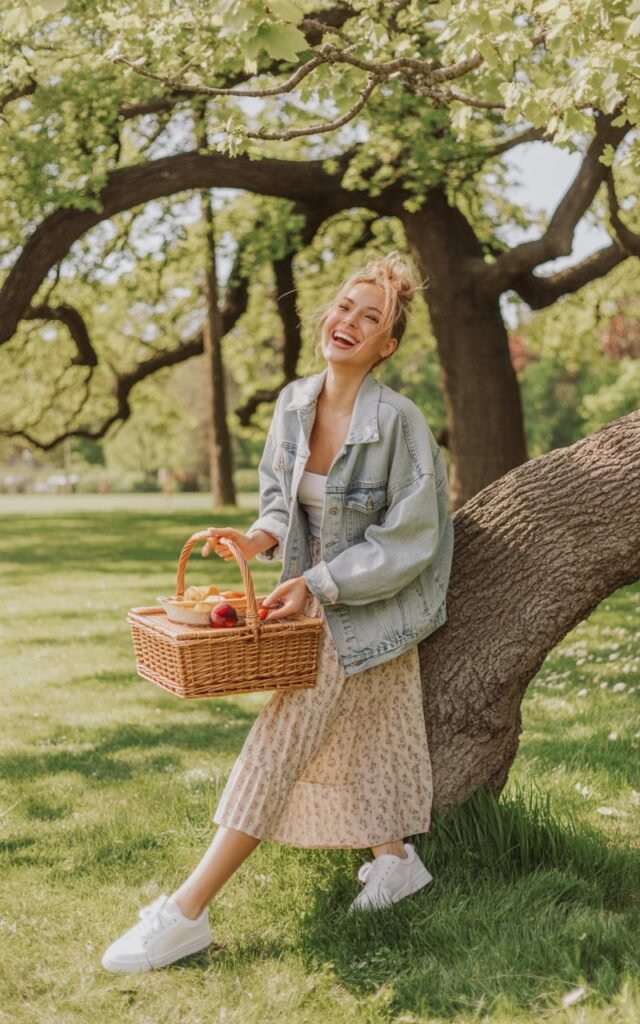 Sunny park scene. Model in a floral sundress with a light-wash oversized denim jacket, white sneakers, and messy bun. Standing casually with a picnic basket, candid mid-laugh.