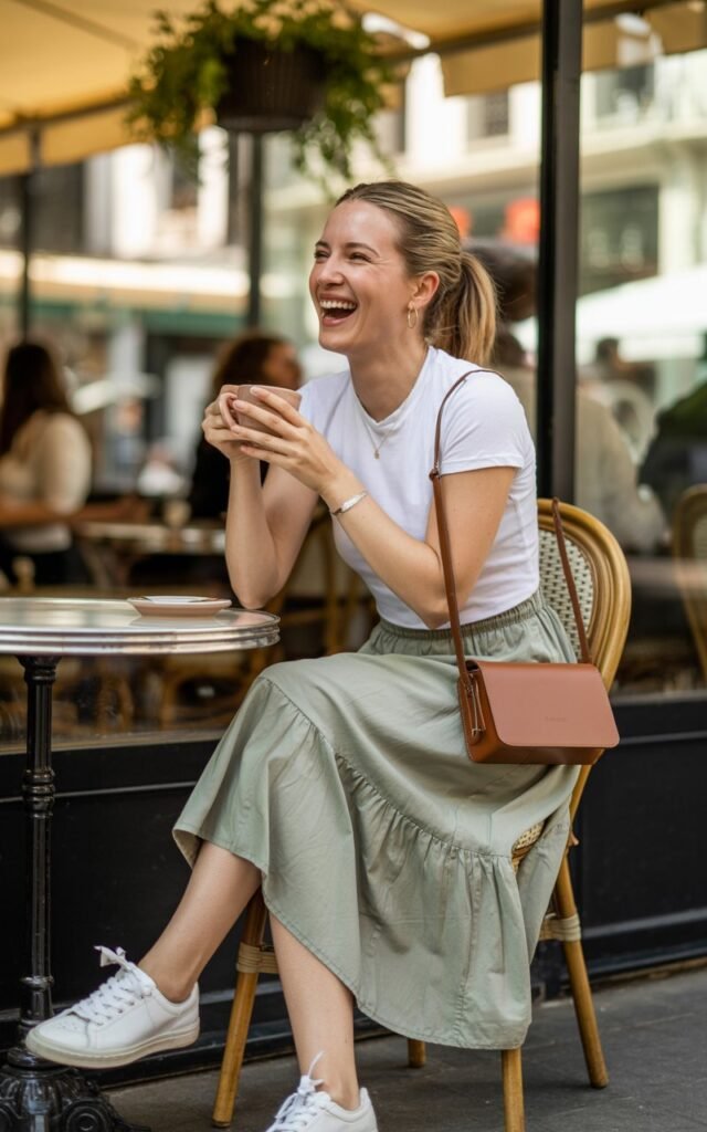 Urban café setting with soft daylight. The woman wears a white fitted tee layered under a sage-green strappy midi dress, with white sneakers and a crossbody bag. Her hair is styled in a casual ponytail, and she’s seated at a bistro table, laughing candidly while sipping coffee.