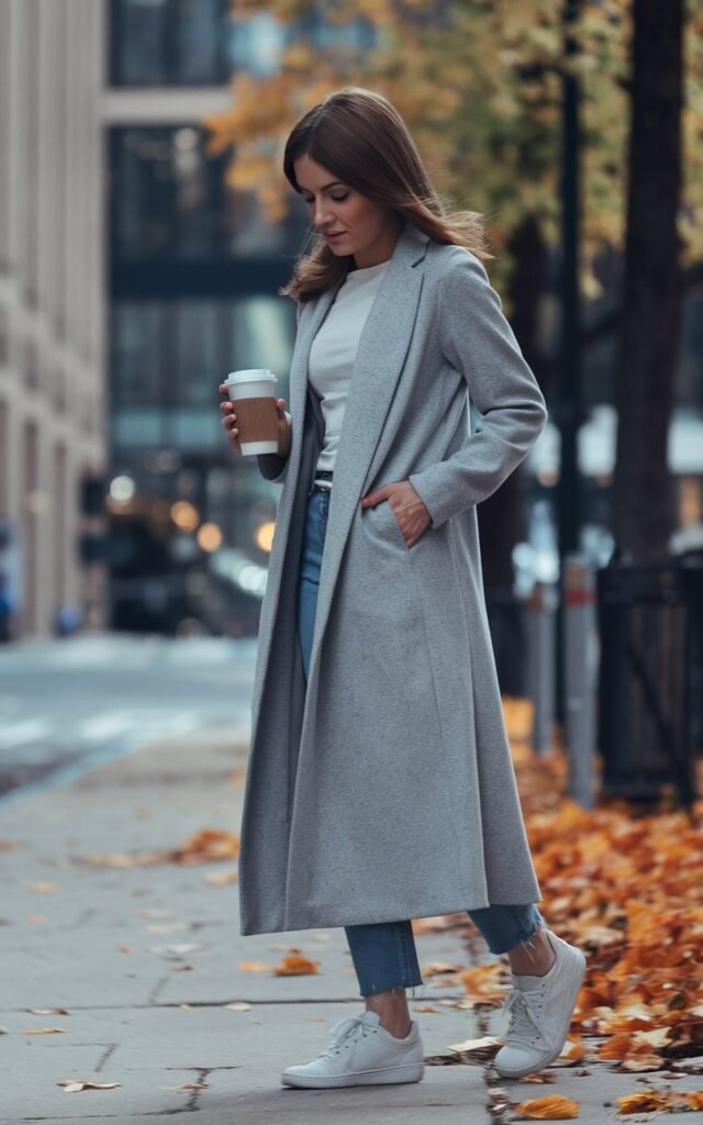 Urban city corner in fall. Model with chestnut hair tucked behind ears wears a gray longline coat, white tee, jeans, and white sneakers. Natural daylight, candid walking pose. She holds a coffee cup and looks effortlessly cool.