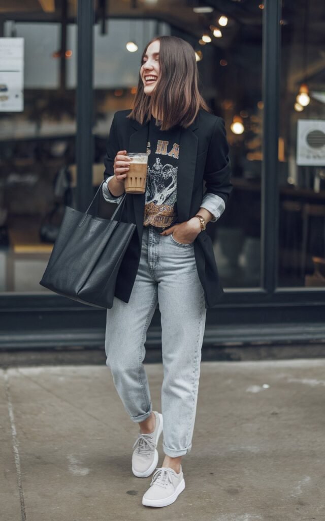 Urban coffee shop exterior scene. White-skinned brunette model with shoulder-length bob wears a black blazer, vintage band tee, and light-wash mom jeans. Paired with white sneakers and a tote bag. Natural daylight, candid mid-laugh pose while sipping iced coffee. Effortless cool-girl charm.