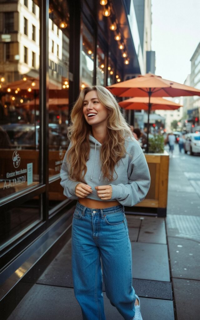Urban coffee shop exterior. The woman wears a cropped gray hoodie with high-rise blue jeans and white sneakers. Her wavy blonde hair flows naturally. She’s laughing mid-conversation, golden afternoon light making the moment look candid and carefree.