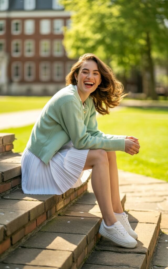 Urban college campus vibe, natural daylight. Model in a mint pastel cardigan buttoned halfway, paired with a pleated white tennis skirt and white sneakers. She sits casually on steps, hair in loose waves, laughing naturally.