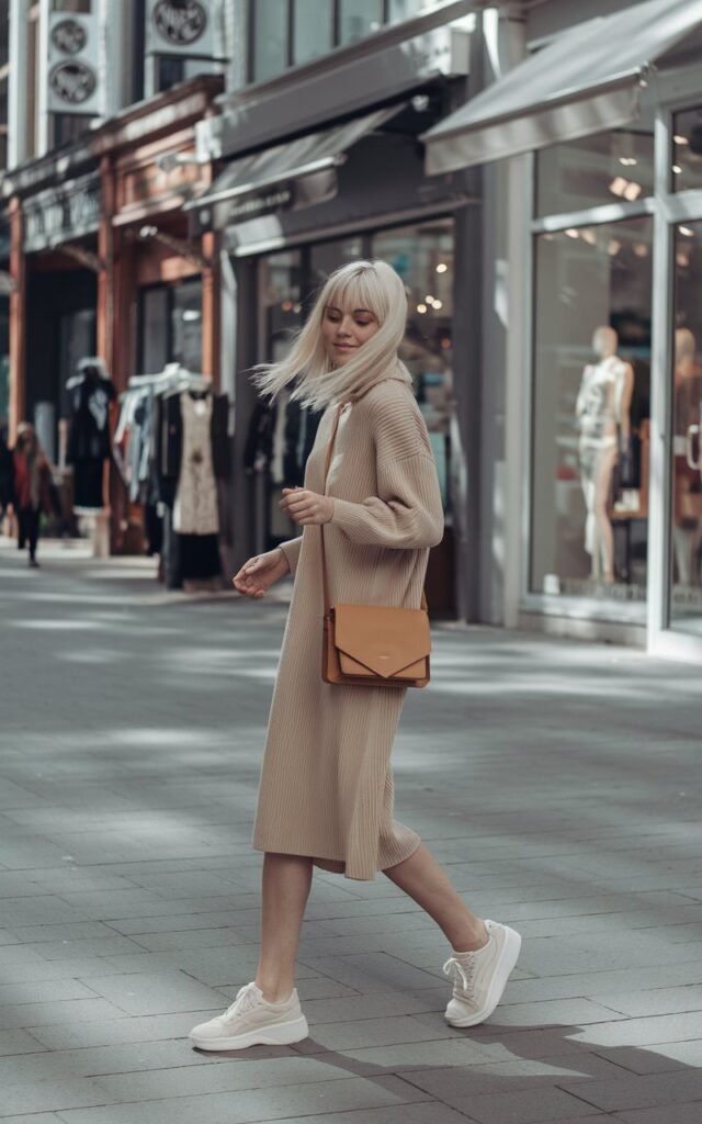 Urban daytime photo of a white-skinned woman with shoulder-length blonde hair, wearing a beige sweater dress, white sneakers, and a tan crossbody bag. She’s strolling through a city street lined with boutiques. Natural daylight, soft shadows, expression relaxed and content.