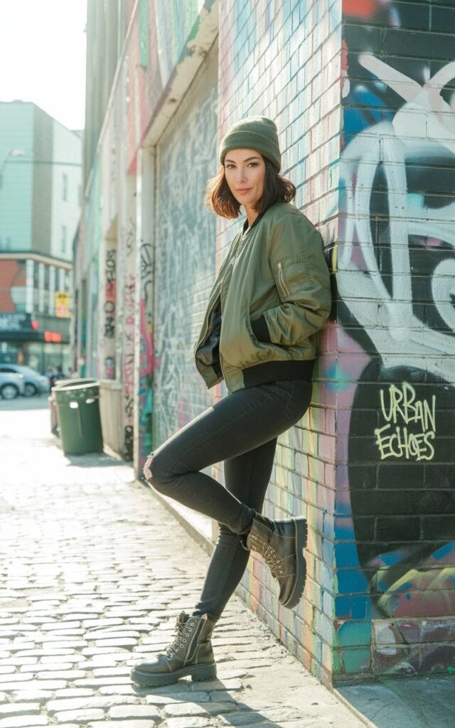 Urban graffiti alley under natural daylight. She wears an olive bomber jacket, black skinny jeans, and chunky combat boots. Her gray beanie sits low over tousled hair. She’s posing casually against a wall, one knee bent, expression confident and cool.