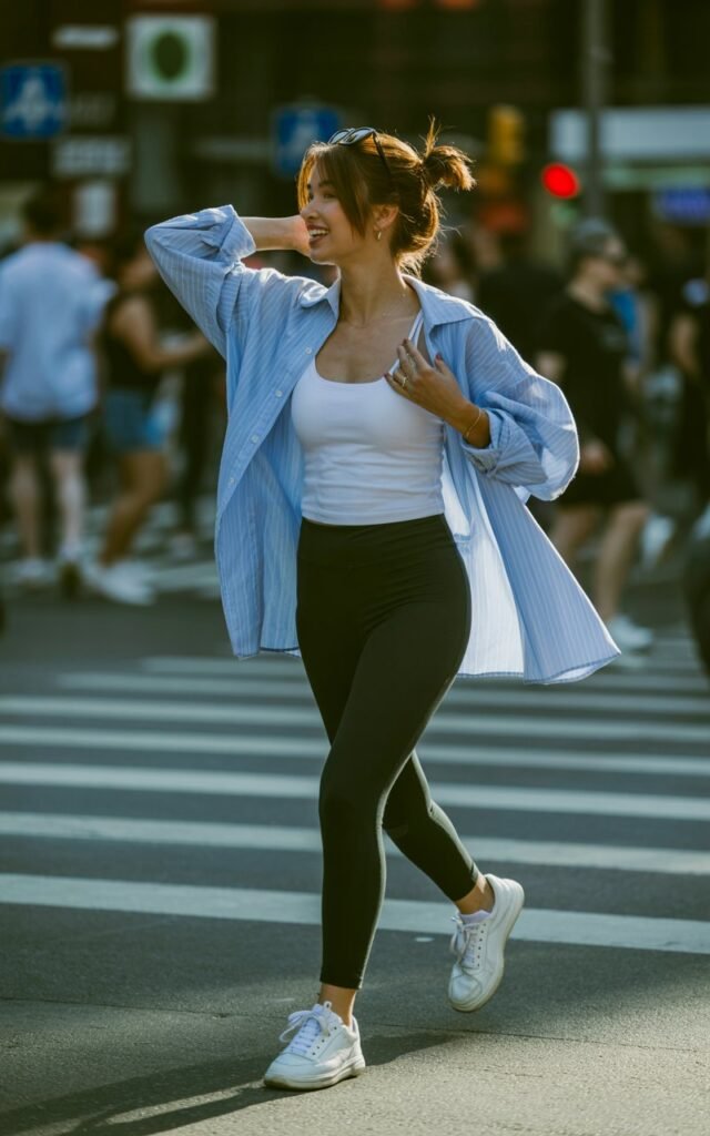 Urban lifestyle photo at a crosswalk. She wears a loose blue button-down over a white tank top and black leggings with white sneakers. Her hair is tied up messily with sunglasses on her head. Natural daylight captures her candid mid-step energy.