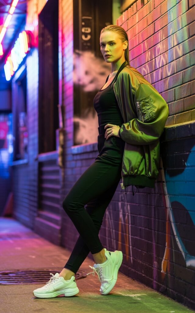 Urban night setting with neon lights. Model wears a black fitted jumpsuit and olive bomber jacket, chunky sneakers, and slicked-back hair. Confident pose against a graffiti wall. Soft cinematic lighting for an edgy sporty aesthetic.
