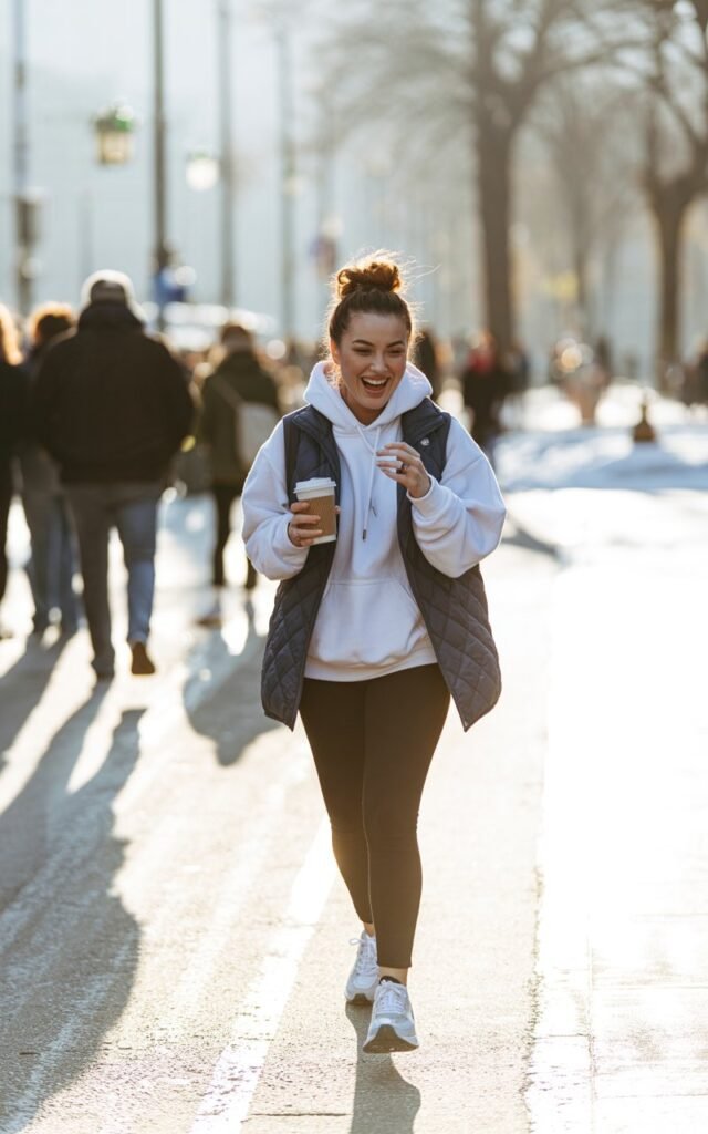Urban park pathway with bright winter sunlight. The model sports a white hoodie layered under a navy quilted vest, paired with leggings and chunky sneakers. Her hair is in a high messy bun. She’s mid-laugh, holding a coffee cup with a relaxed posture.