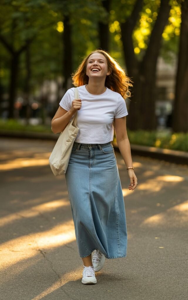 Urban park setting with sunlight streaming through trees. The model wears a light-wash denim maxi skirt with a white tucked-in cotton tee and white sneakers. A canvas tote hangs from her shoulder, and her hair falls naturally in loose waves. She’s caught mid-laugh, walking casually.