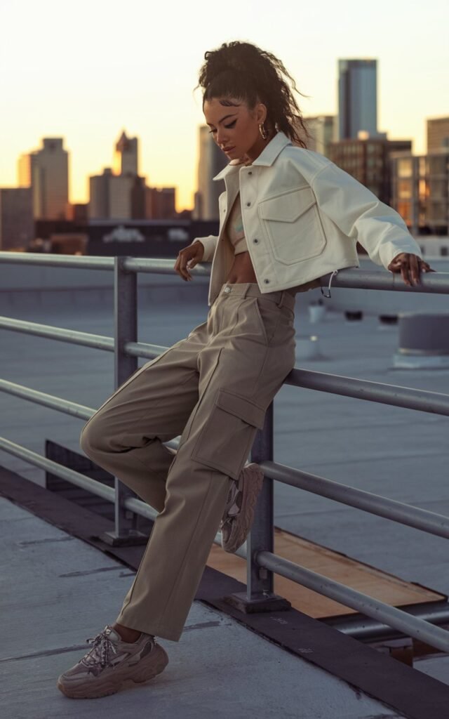 Urban rooftop during sunset. Model wears khaki tailored cargo pants, white cropped jacket, and chunky sneakers. Hair styled in a high ponytail. She’s leaning against a railing with a confident stance, city skyline behind her.