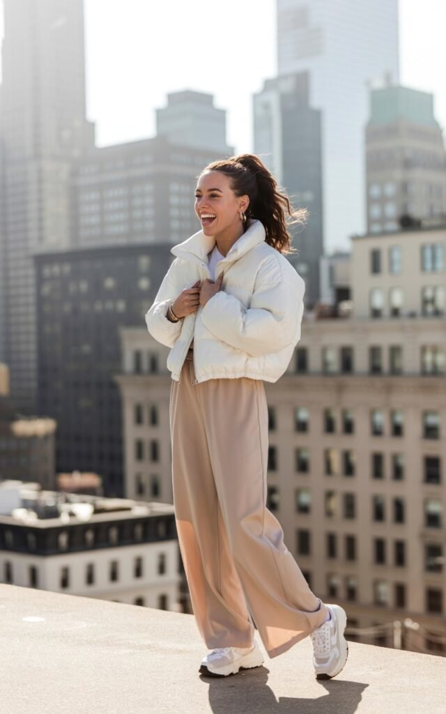 Urban rooftop setting with cool daylight. She’s wearing a white cropped puffer jacket, wide-leg beige pants, and chunky sneakers. Her hair is in a loose high ponytail, and she’s laughing candidly while looking off-camera. Background shows city buildings blurred softly.