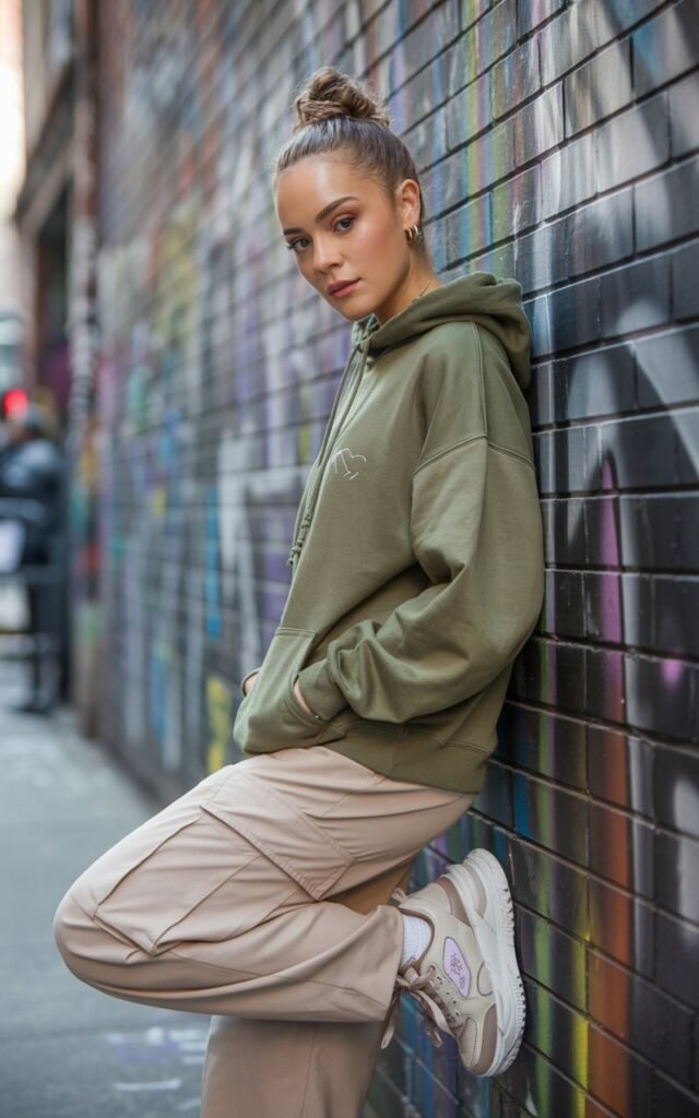 Urban street backdrop with graffiti art. The model wears an oversized olive hoodie with beige cargo pants and chunky sneakers. Her hair is tied in a high bun, natural makeup with a hint of gloss. She leans against a wall, hands in pockets, looking effortlessly cool.