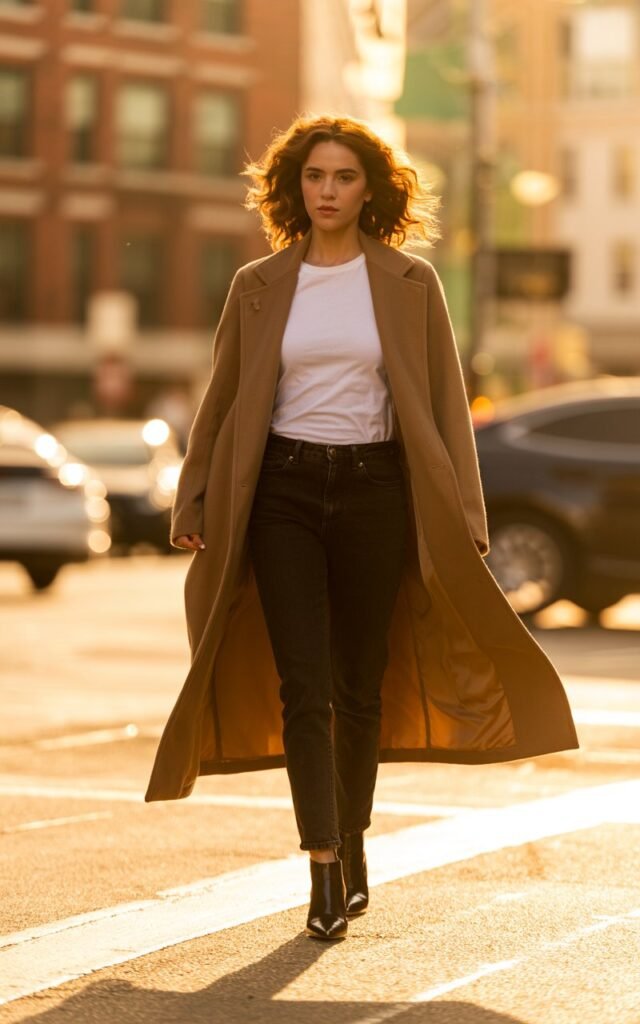 Urban street in soft golden hour light. Model walks toward camera wearing a camel longline coat over a white tee and fitted black jeans, paired with ankle boots. Hair in soft curls. Background slightly blurred for depth. Expression confident, mid-step motion shot.