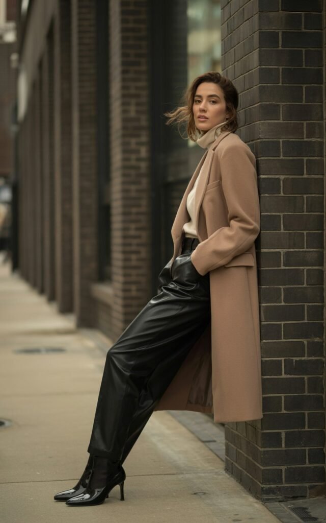Urban street scene on an overcast afternoon. The model leans casually against a building, wearing a beige wool coat over black leather trousers and heeled ankle boots. A turtleneck peeks out, adding warmth. Her hair is tousled by the wind, expression effortlessly cool. Soft diffused daylight creates a cinematic, luxe mood.