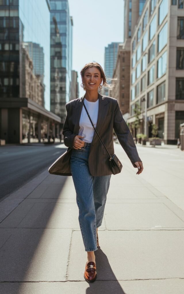Urban street scene with reflective glass buildings. Model walks confidently, wearing a gray blazer over a white tee and vintage-wash jeans with loafers. Crossbody bag and messy bun complete the look. Lighting bright morning sun. Pose mid-stride, casual smile, motion in coat for realism.