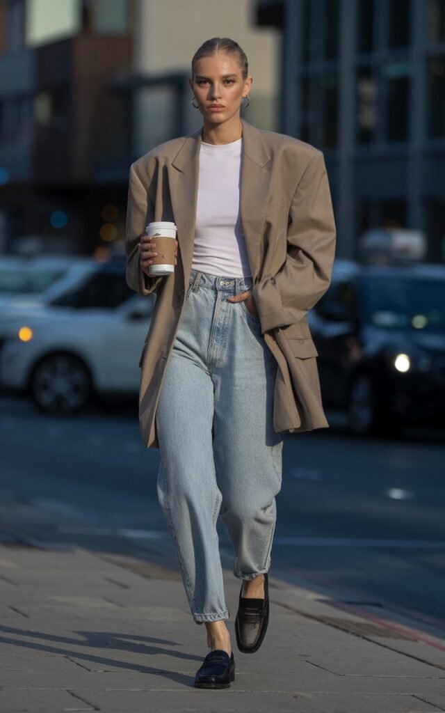 Urban street-style shot in downtown city light. The model wears an oversized beige blazer, white tee, high-waisted mom jeans, and loafers. Her hair is sleek, and she holds a coffee cup, crossing the street confidently under morning light.