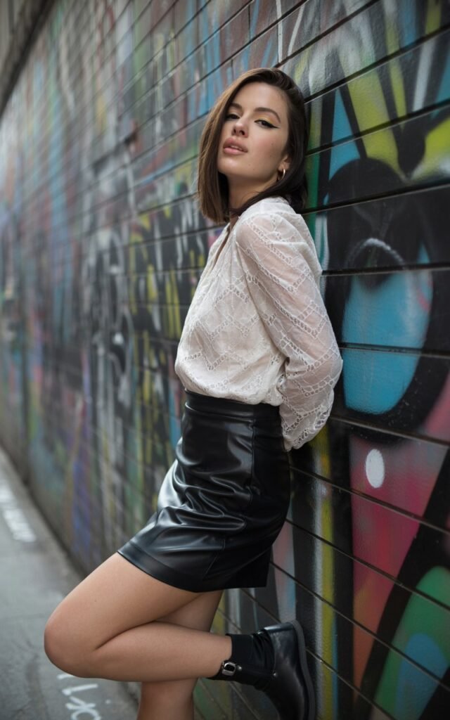 Urban street wall with graffiti. Model wears a black leather mini skirt with a white lace blouse tucked in, ankle boots, and bold eyeliner. Leaning against the wall, smirking confidently, edgy vibe.