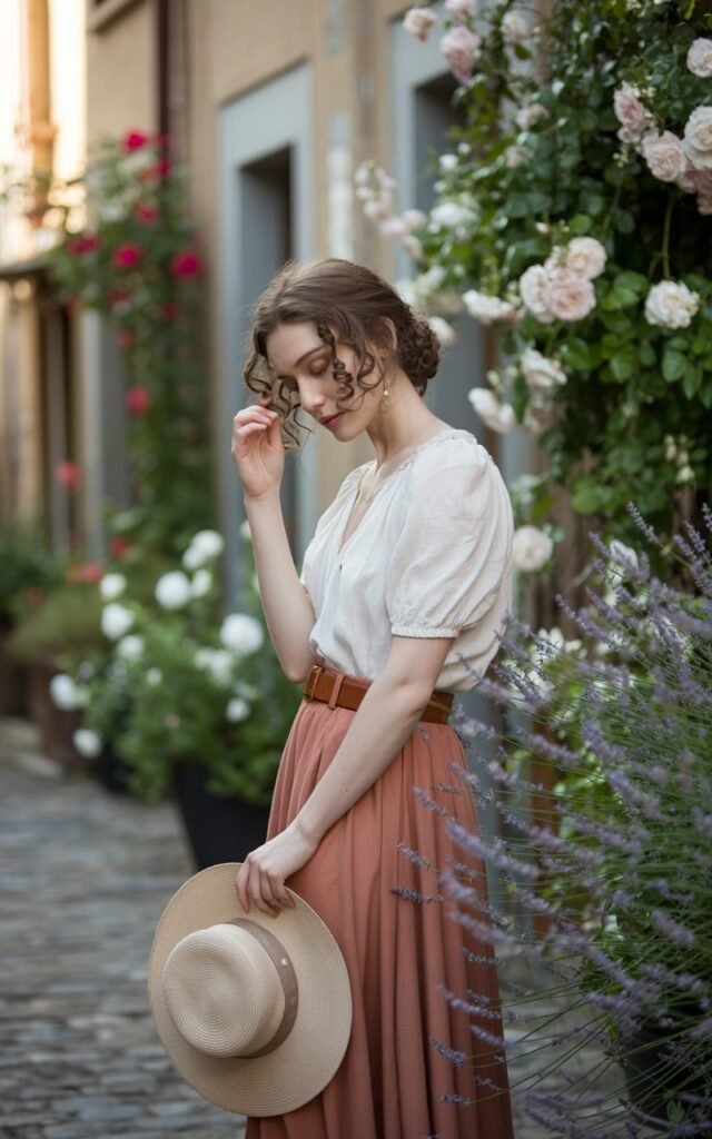 White-skinned brunette woman with soft curls wearing a white peasant blouse tucked into a rust-colored midi skirt with a brown leather belt. Scene set in a rustic cobblestone street lined with flowers. Natural daylight, soft shadows. She’s standing gracefully, holding a sunhat in one hand, with a dreamy, reflective expression.