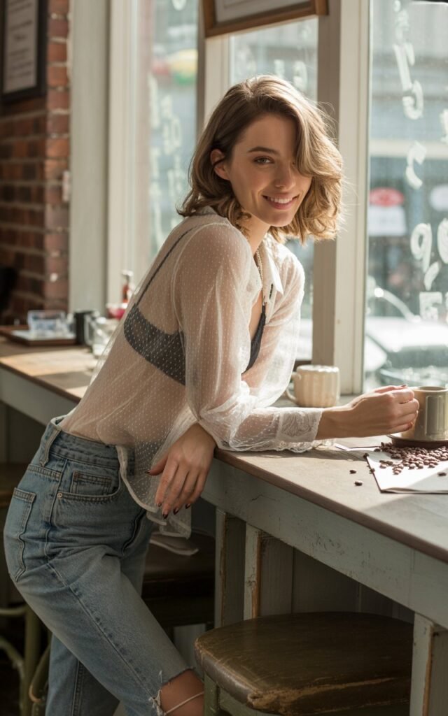 White-skinned model with ash-blonde waves wearing a sheer lace blouse over a bralette, paired with ripped jeans and heeled boots. Indoor café with window light spilling in. She’s leaning on a wooden counter, soft smile, sunlight highlighting lace texture. Casual yet romantic mood.