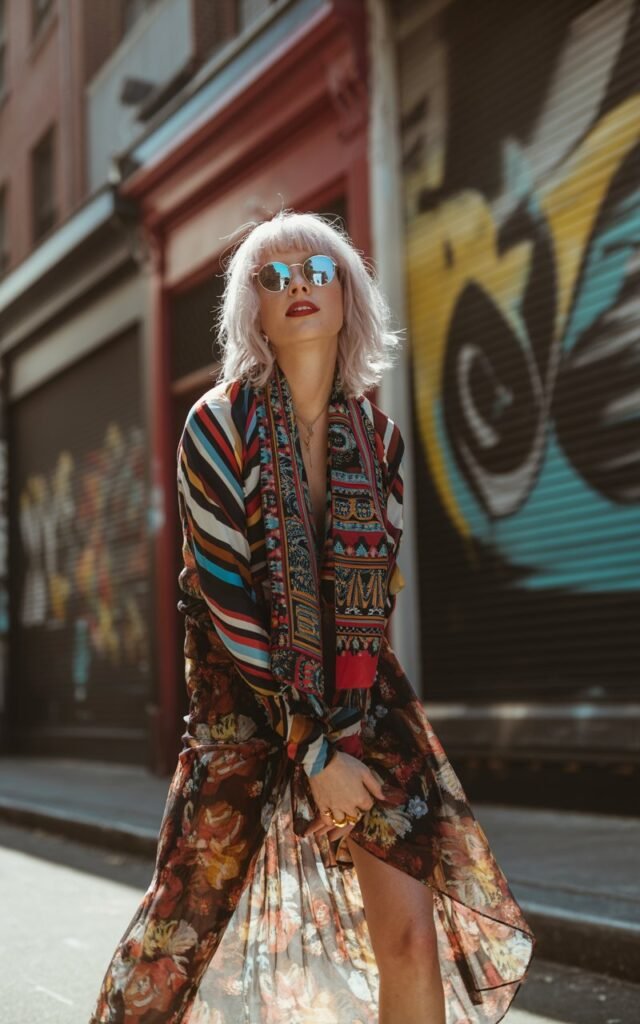 White-skinned model with shoulder-length platinum hair wearing a mix of bold patterned prints — striped top, floral skirt, tribal scarf. Urban street setting with textured walls and street art. Natural daylight. She’s standing confidently, one foot forward, sunglasses on, slight smirk. Editorial yet effortless.