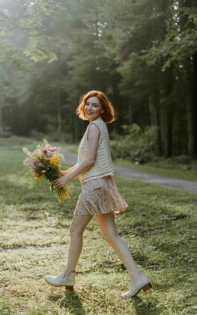 White-skinned redhead with freckles, wearing a cream crochet vest over a floral mini dress and ankle boots. Shot in a sun-dappled forest clearing. Natural morning light filtering through trees. She’s turning slightly mid-step, looking carefree, holding a wildflower bouquet. Whimsical, nostalgic mood.