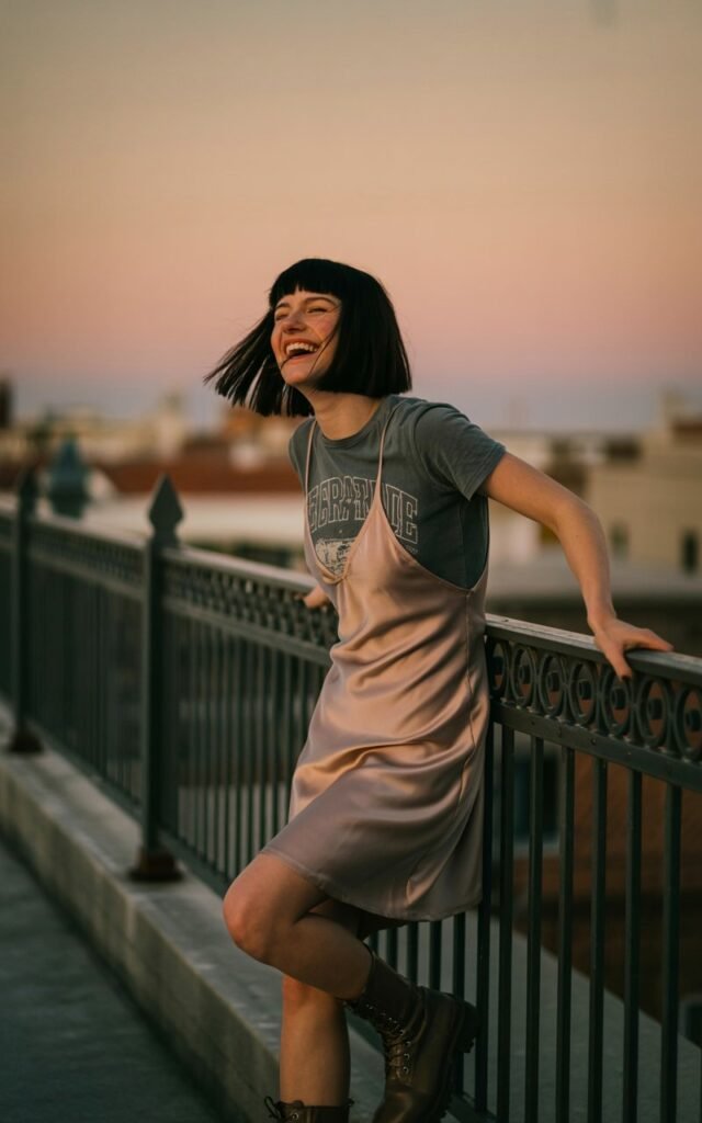 White-skinned woman with dark bob haircut wearing a satin slip dress layered over a vintage band tee, paired with combat boots. Urban rooftop at sunset. She’s leaning against a railing, laughing, hair blowing in the wind. Lighting is moody with orange-pink sky tones, giving a cool rock-meets-boho vibe.