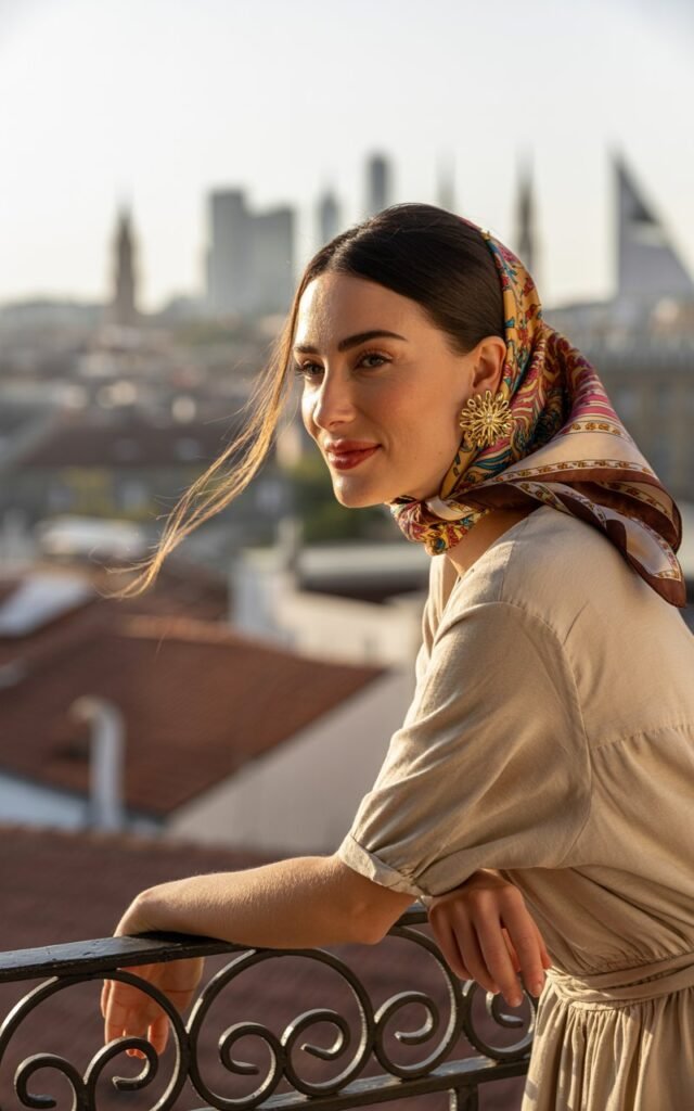 White-skinned woman with dark brown hair pulled back, wearing a patterned silk headscarf and bold earrings. Neutral-toned outfit for balance. Captured on a sunlit city balcony during golden hour. She’s leaning on the railing, slight smile, soft breeze lifting a strand of hair. Chic, authentic, and full of life.