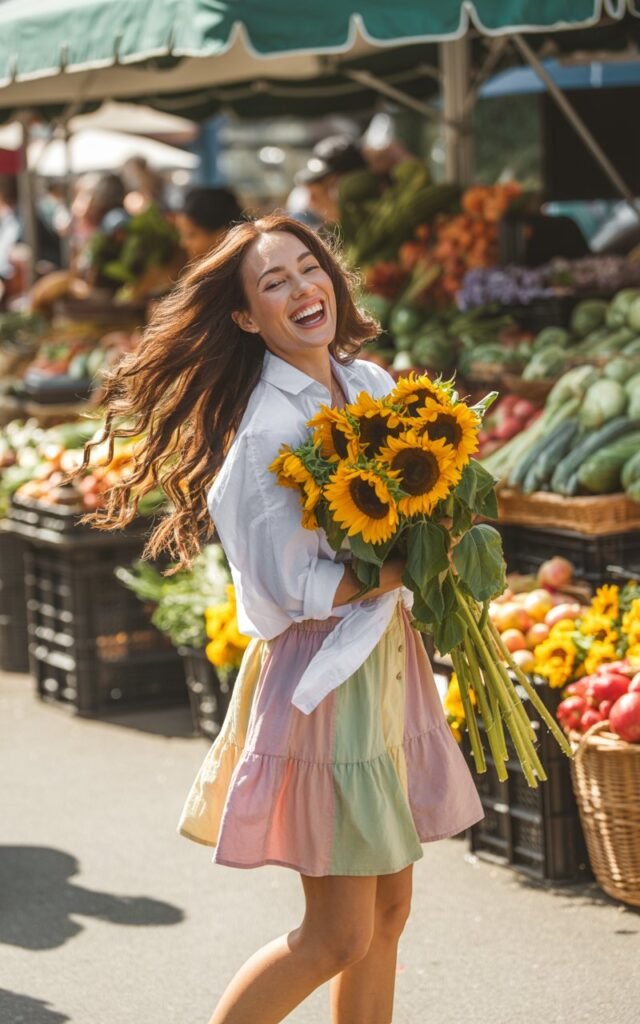 White-skinned woman with long brunette hair in loose waves, wearing a pastel tiered skirt and white button-down tied at the waist. Captured at a weekend farmers market with fresh flowers and baskets around. Bright daylight. She’s laughing while holding a bouquet, skirt catching motion, candid smile.