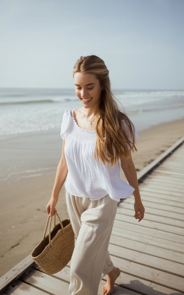 White-skinned woman with long sandy-blonde hair in a half-up style, wearing a white ruffled off-shoulder top and beige linen pants. Shot in a coastal boardwalk setting under soft daylight. She’s walking barefoot with a woven tote, smiling freely, with ocean waves behind her. Light and airy color palette.