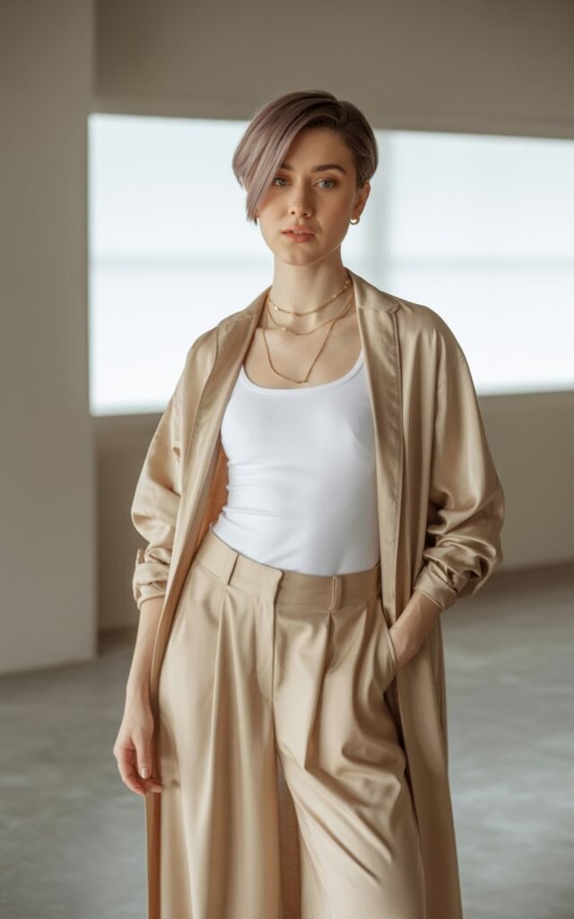 White-skinned woman with short sleek hair, wearing a beige duster coat over a white tank and flowy culottes, accessorized with gold layered necklaces. Modern minimalist indoor studio with soft window light. She’s standing tall, one hand in pocket, exuding quiet confidence.