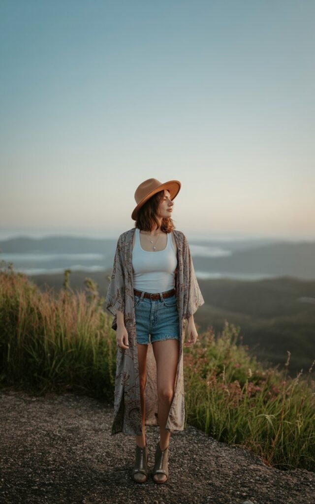 White-skinned woman with shoulder-length brunette waves wearing a long printed kimono, white tank, wide-brim tan hat, and ankle boots. Captured on a scenic overlook with open sky behind. Golden-hour glow, soft wind movement. She’s gazing into the distance, serene and free-spirited.