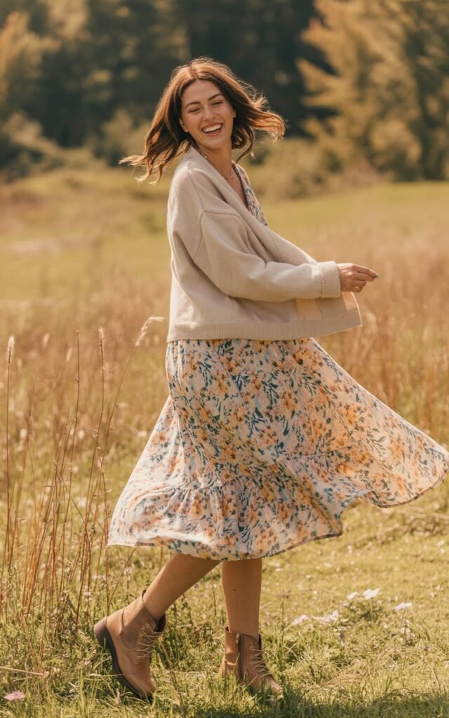 Woman in a floral midi dress with neutral accessories — tan boots, cream cardigan — standing in a field of tall grass. Soft natural light creates dreamy depth. Her hair flows naturally, and she laughs while twirling slightly, making the patterned dress the focal point.