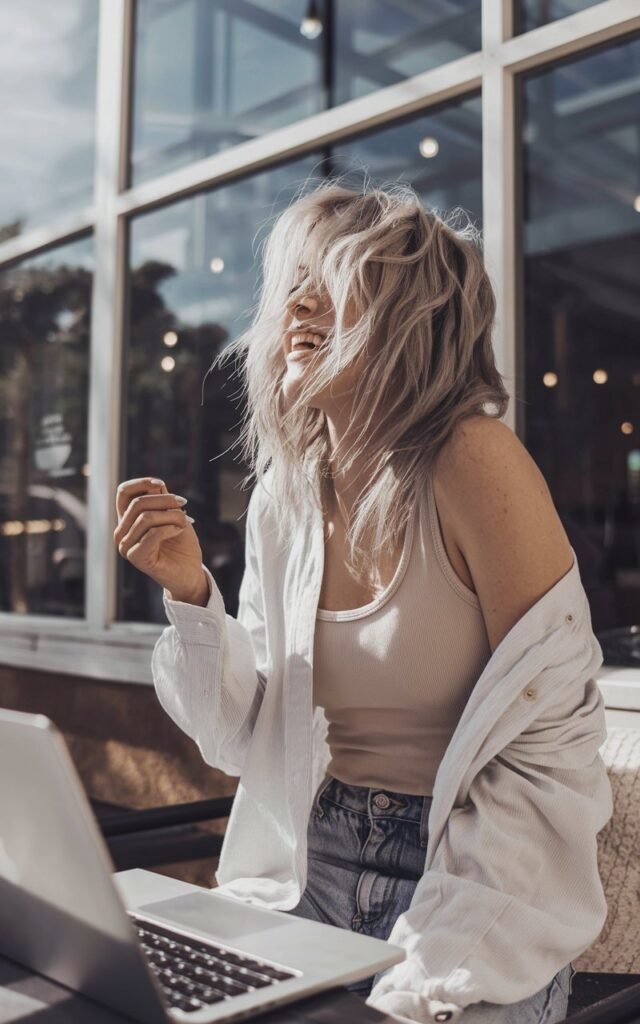 Full-body café photo of a white-skinned woman with messy blonde waves wearing a relaxed white button-down over a beige tank and jeans. She’s sitting outside a coffee shop, laptop open, sunlight streaming in through large windows. Pose casual and candid, mid-laugh.